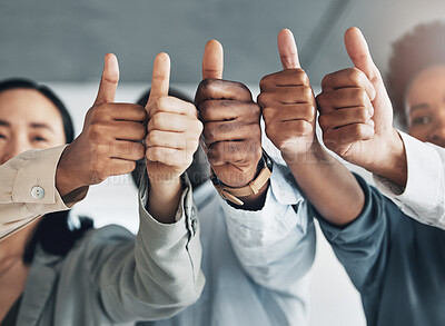 Buy stock photo Hands together, thumbs up and diversity, team and business people, solidarity and agreement with unity in workplace. Corporate community, support and zoom with professional group and collaboration