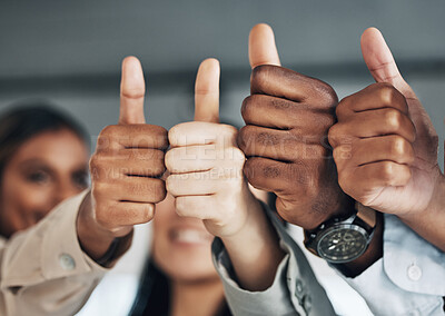 Buy stock photo Hands, thumbs up and diversity, group and business people, solidarity and agreement with unity in workplace. Corporate community, support and zoom with professional team, together and collaboration