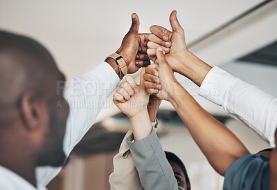 Buy stock photo Hands, thumbs up and diversity, teamwork and business people, solidarity and agreement with unity in workplace. Corporate community, support and arms raised with professional group, together and team