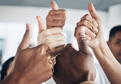 Buy stock photo Hands, thumbs up and diversity, support and business people, solidarity and agreement with unity in workplace. Corporate community, team and zoom with professional group, together and collaboration