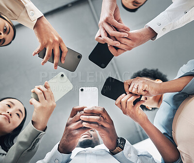 Buy stock photo Phone, circle or business people networking on social media searching online news together in low angle. Mobile app technology, digital internet website or group chat community hands typing message