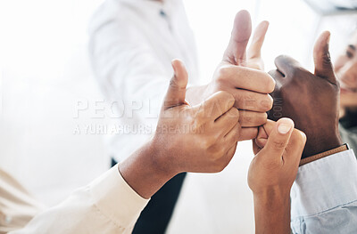 Buy stock photo Hands, thumbs up or business people in agreement, support or collaboration together in office. Corporate community teamwork, diversity or zoom of group of employees with solidarity, yes or like sign
