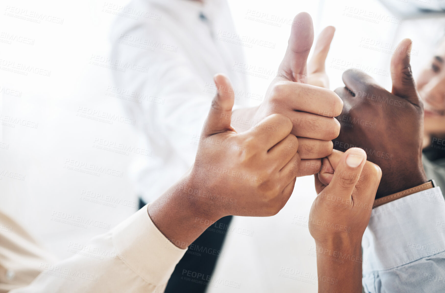 Buy stock photo Hands, thumbs up or business people in agreement, support or collaboration together in office. Corporate community teamwork, diversity or zoom of group of employees with solidarity, yes or like sign