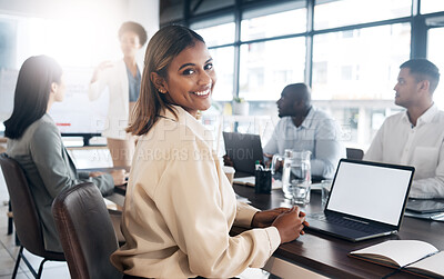 Buy stock photo Business woman in portrait in office meeting with career mindset for online planning on laptop screen mockup for workshop. Face of professional indian person or employee on computer in job conference