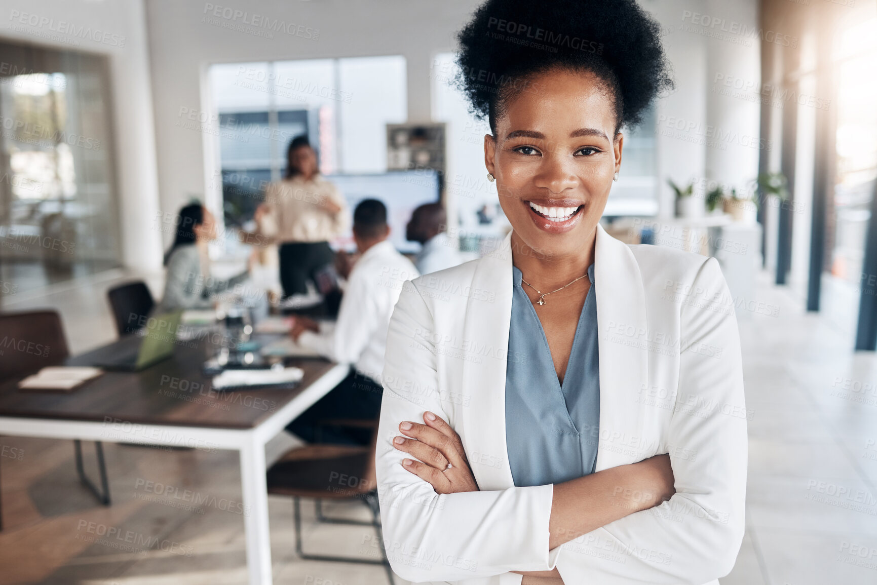 Buy stock photo Conference room, black woman portrait and business leader in a meeting for collaboration. Success, management and proud ceo feeling happy about workplace teamwork strategy and company growth