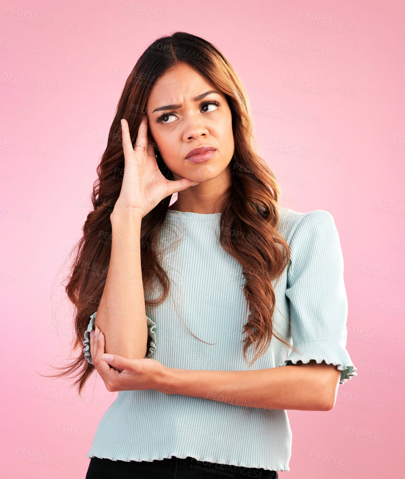 Buy stock photo Thinking, concentration and woman confused in studio with hand on head, ideas or solutions isolated on pink background. Mental health, doubt and hispanic model brainstorming problem and solution.