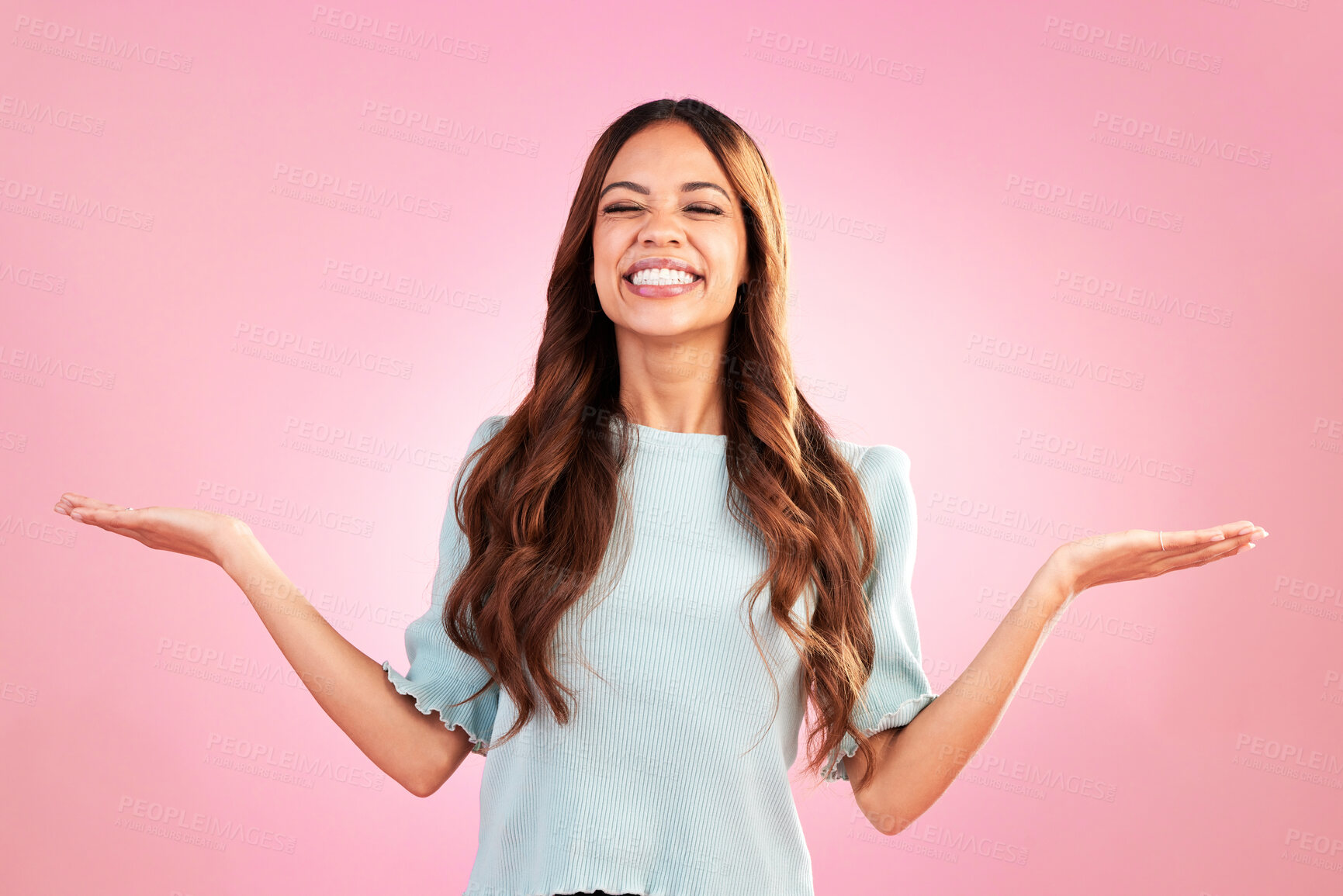 Buy stock photo Happy woman, marketing and smile with hands out, branding and product placement with promo on pink background. Advertising, logo and brand, mockup space and excited female, show or display in studio