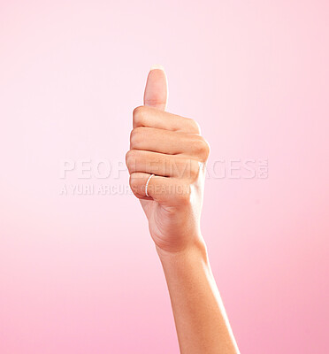 Buy stock photo Thumbs up, ok and hand of woman in studio for success, approval, achievement and support. Like, emoji and thank you with female and gesture isolated on pink background for positive, agreement and yes