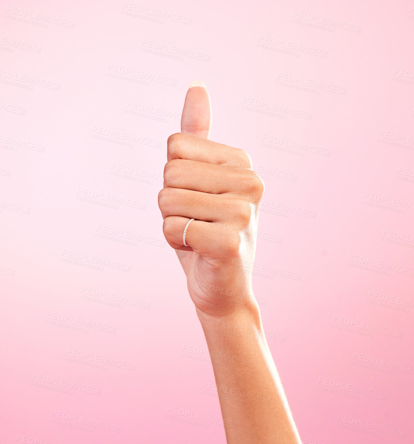 Buy stock photo Thumbs up, ok and hand of woman in studio for success, approval, achievement and support. Like, emoji and thank you with female and gesture isolated on pink background for positive, agreement and yes