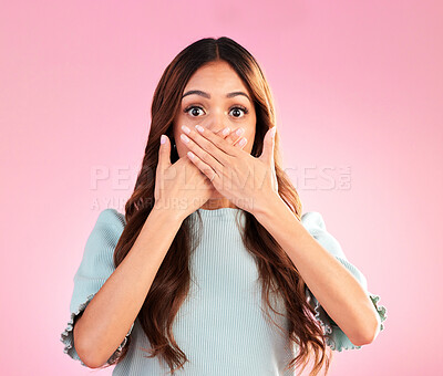 Buy stock photo Portrait, surprise and woman cover mouth, gossip and scared girl against pink studio background. Face, female and lady with hands on lips, shocked and wow with worry, scary and reaction with bad news