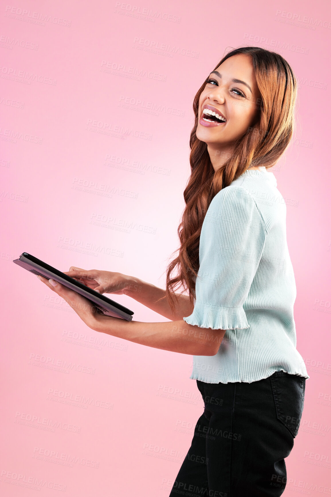 Buy stock photo Search, digital tablet and portrait of woman in studio happy, smile and confident while checking schedule on pink background. Internet, face and lady entrepreneur online for review, kpi or analysis 