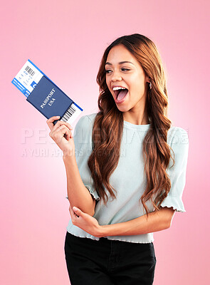 Buy stock photo Travel passport, excited and woman with ticket in studio with paper, boarding pass and flight documents. Traveling agency, tourism and happy girl for international holiday, vacation and USA trip