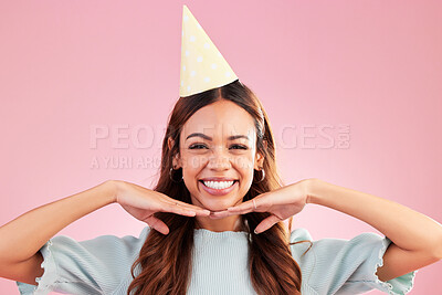 Buy stock photo Birthday woman, face portrait and smile for happy celebration event, congratulations or celebrate happiness. Studio posing, party hat and headshot female, person or young model on pink background