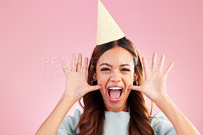 Buy stock photo Birthday face portrait, scream and woman excited for happy celebration event, surprise wow or celebrate on pink background. Happiness, party hat and studio female, person or model with crazy energy