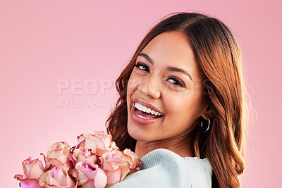 Buy stock photo Beauty portrait, flower bouquet and happy woman with floral product, sustainable agriculture or natural studio roses. Valentines Day, nature cosmetics face and eco friendly person on pink background