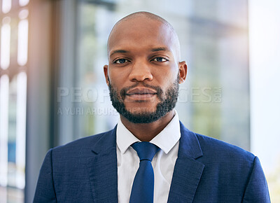 Buy stock photo Business man, portrait and corporate lawyer in a office with success and company ideas. Law, management and African ceo worker face of legal job growth with lens flare and blurred background