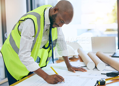 Buy stock photo Architect, blueprint and man writing in office on paper, design and planning building project. Construction, engineer and male project manager with plan for property, model or renovation strategy