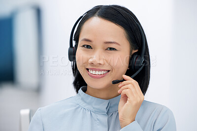 Buy stock photo Asian woman, call center and happy in portrait, communication and CRM, headset with mic in office. Contact us, customer service or telemarketing, female consultant with smile and help desk