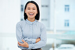 Asian, business woman and arms crossed, smile in portrait and professional mindset with positivity and success. Mockup space, corporate female and happy in career, ambition and empowerment with pride