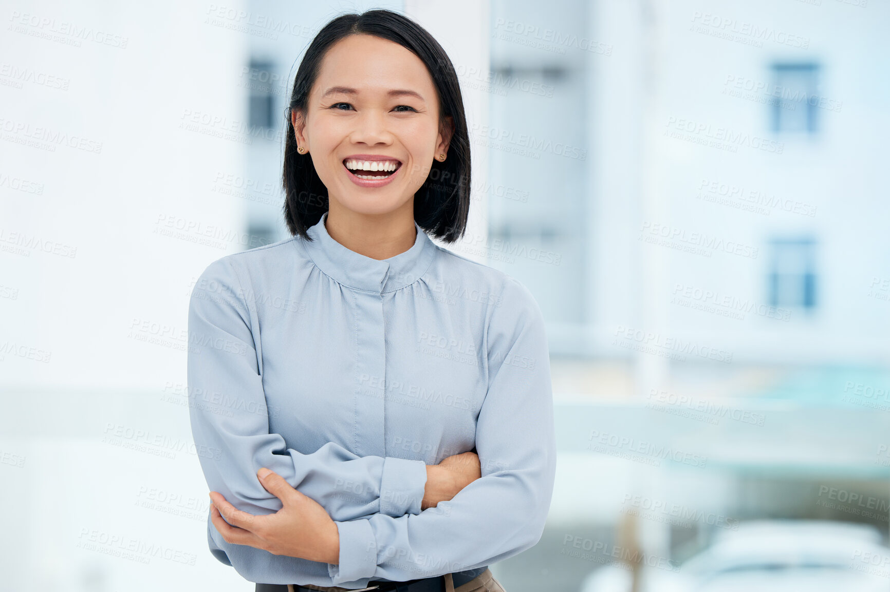 Buy stock photo Asian, business woman and arms crossed, smile in portrait and professional mindset with positivity and success. Mockup space, corporate female and happy in career, ambition and empowerment with pride
