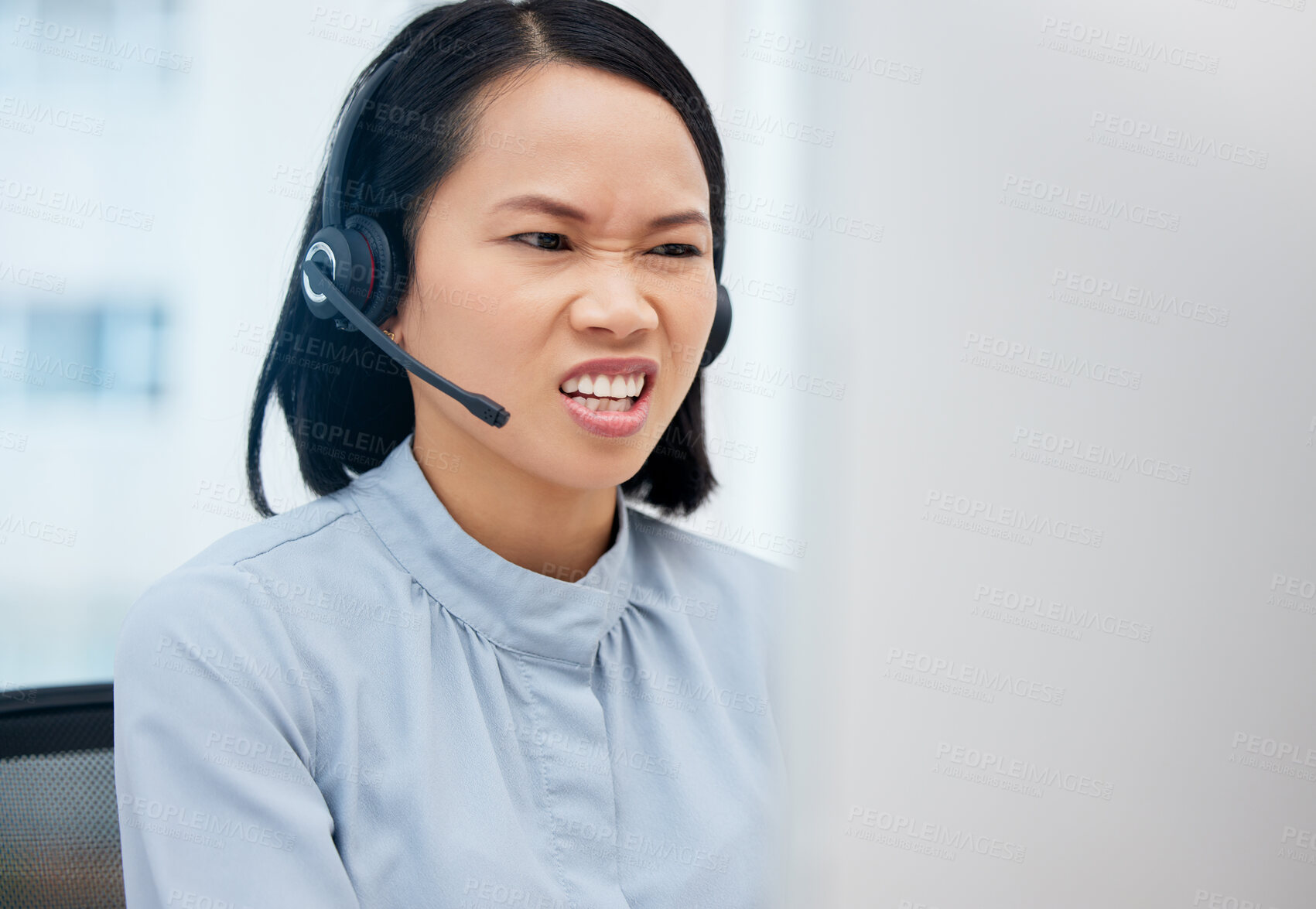 Buy stock photo Customer service communication, computer problem and woman telemarketing on ecommerce, contact us CRM or telecom. Call center mistake, 404 website error and Asian IT consultant with software glitch 