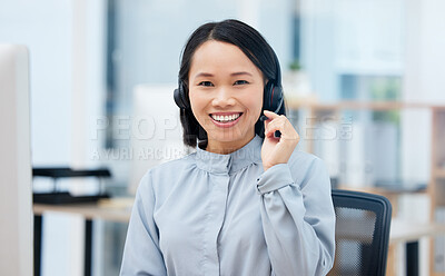 Buy stock photo Woman, call center and happy in portrait, communication and CRM, headset with mic in office. Contact us, customer service or telemarketing, Asian female consultant with smile and help desk