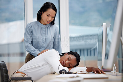 Buy stock photo Wake up, overworked and sleeping with black woman in call center office for exhausted, burnout and stress. Customer support, contact us and consulting with female for rest, mental health and problem