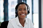Black woman, call center employee and smile in portrait, communication and CRM, headset and headshot. Contact us, customer service or telemarketing with sales, happy female consultant and help desk
