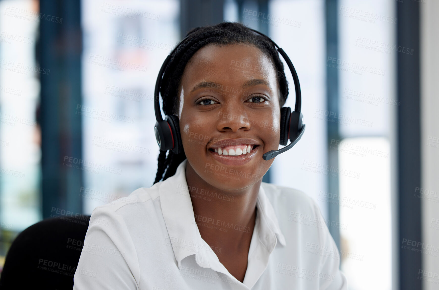 Buy stock photo Black woman, call center employee and smile in portrait, communication and CRM, headset and headshot. Contact us, customer service or telemarketing with sales, happy female consultant and help desk