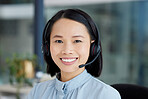 Asian woman, call center employee and smile in portrait, communication and CRM, headset and headshot. Contact us, customer service or telemarketing with sales, happy female consultant and help desk