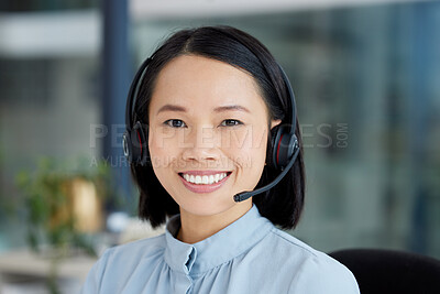 Buy stock photo Asian woman, call center employee and smile in portrait, communication and CRM, headset and headshot. Contact us, customer service or telemarketing with sales, happy female consultant and help desk