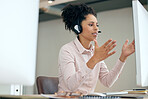 Call center woman, explaining and hands by computer with frustrated face for crm, customer service and sales. Consultant, agent or tech support expert with discussion, help desk and voip at agency