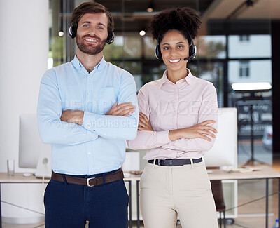 Buy stock photo Man, woman and call center together with arms crossed in portrait with smile, collaboration and success. Customer support, consultant or agent team with solidarity, diversity and partnership at job