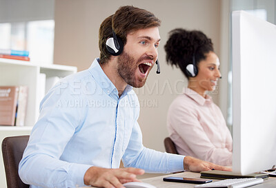 Buy stock photo Customer service computer, surprise and man shocked over telemarketing news, announcement or web feedback. Call center wow, online consulting insight and screaming information technology consultant