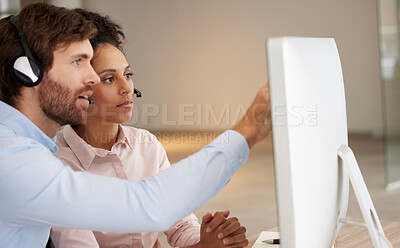 Buy stock photo Man, woman and call center coaching at computer for training, development or point at screen. Crm teamwork, tech support or learning for customer experience with diversity in office for collaboration