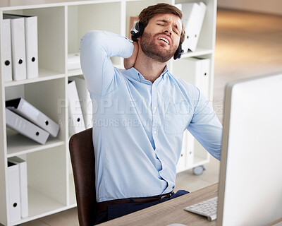 Buy stock photo Neck pain, customer support consultant and business man with medical problem, fibromyalgia or emergency crisis. First aid, call center and telemarketing person with muscle strain, accident or injury