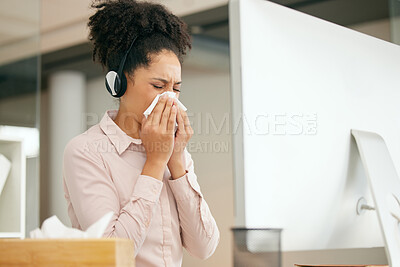 Sick, tissue and woman at call center with virus infection, illness and allergy blowing nose at desk. Health, customer support consultant and female worker with flu, cold and sinus symptoms in office