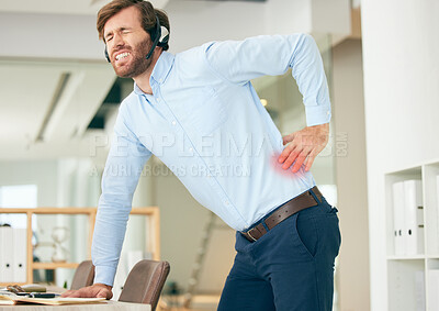 Buy stock photo Back pain, customer support consultant and business man with medical problem, hurt spine or emergency crisis. Backache, call center and telemarketing person with muscle strain, accident and injury