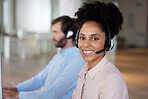 Smile, customer support and portrait of woman at call center for b2b connection, contact us and consulting. Telemarketing, crm business and happy female worker for friendly service, agency and help