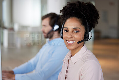 Buy stock photo Smile, customer support and portrait of woman at call center for b2b connection, contact us and consulting. Telemarketing, crm business and happy female worker for friendly service, agency and help