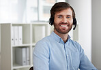 Smile, customer support and portrait of man at call center for b2b connection, contact us and crm consulting at desk. Telemarketing, communication and male worker for friendly service, trust and help