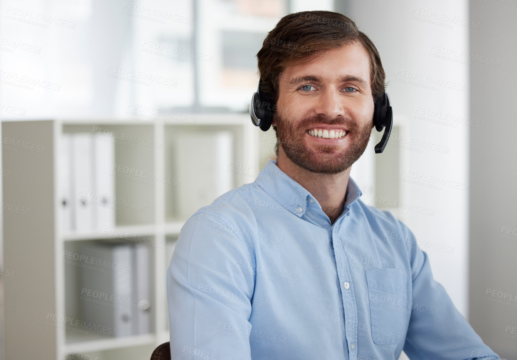 Buy stock photo Smile, customer support and portrait of man at call center for b2b connection, contact us and crm consulting at desk. Telemarketing, communication and male worker for friendly service, trust and help