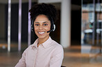Smile, business and portrait of woman at call center for b2b connection, contact us and crm consulting. Telemarketing, customer support and female worker for friendly service, mockup space and help
