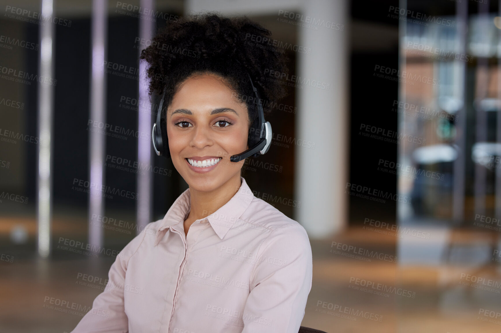 Buy stock photo Smile, business and portrait of woman at call center for b2b connection, contact us and crm consulting. Telemarketing, customer support and female worker for friendly service, mockup space and help