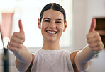 Happy woman, thumbs up portrait and gym fitness of a young female with happiness from exercise. Workout, sport and winner yes hand gesture in a health club feeling healthy from sports training