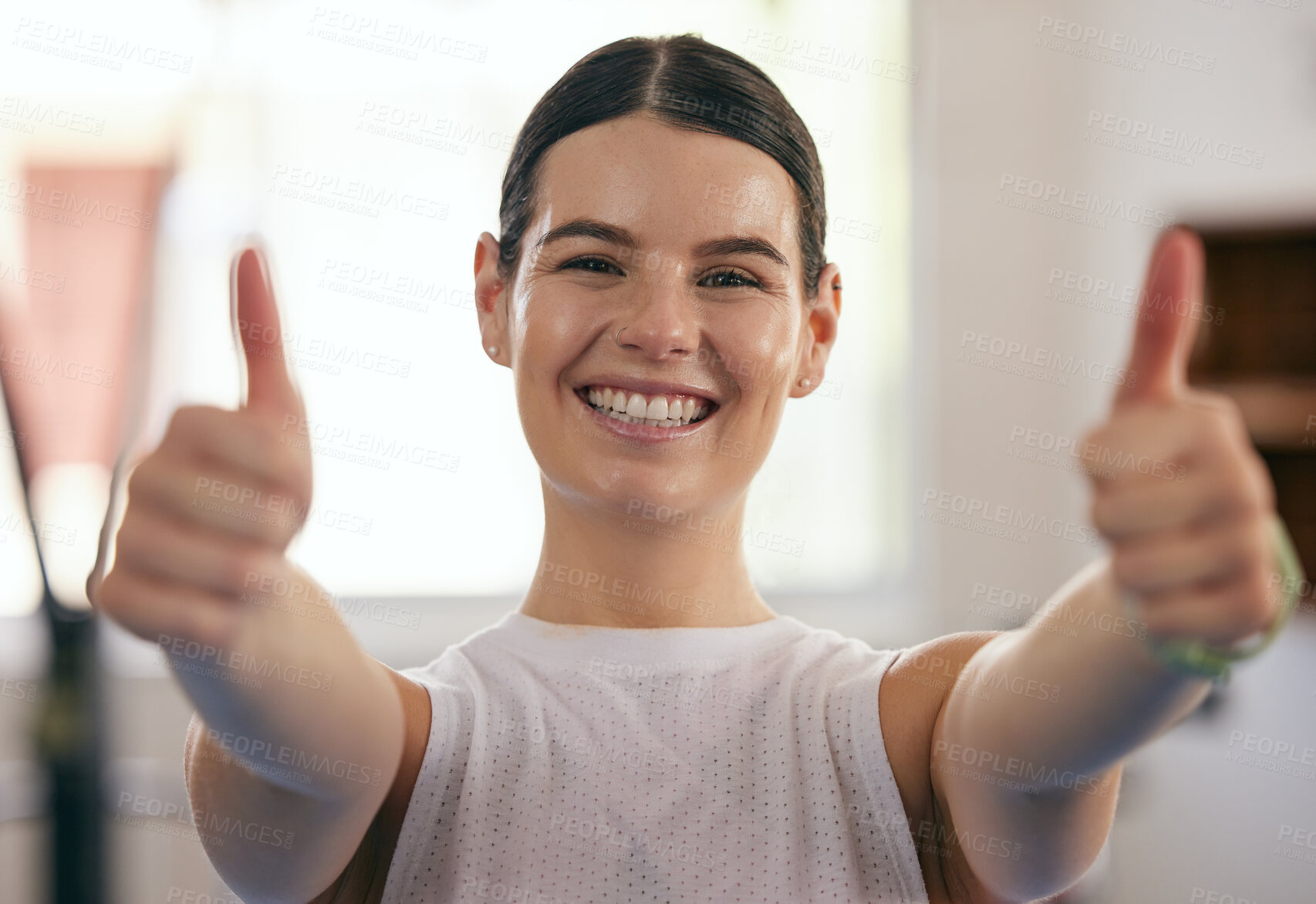 Buy stock photo Happy woman, thumbs up portrait and gym fitness of a young female with happiness from exercise. Workout, sport and winner yes hand gesture in a health club feeling healthy from sports training