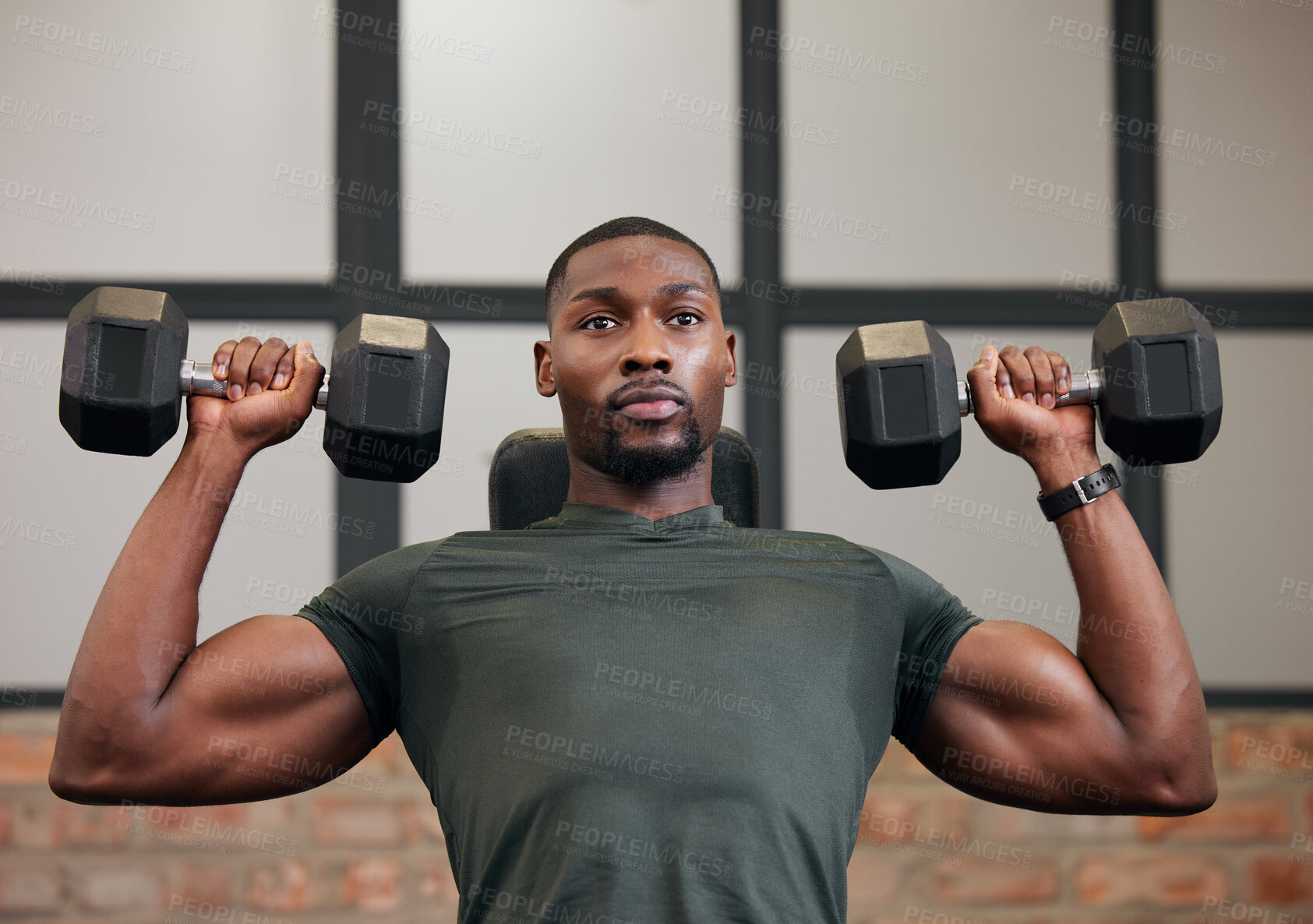 Buy stock photo Black man, weights training focus and gym fitness of athlete doing power lifting for exercise. Sport workout, bodybuilding and African American male with strong arms, wellness and bodybuilder cardio