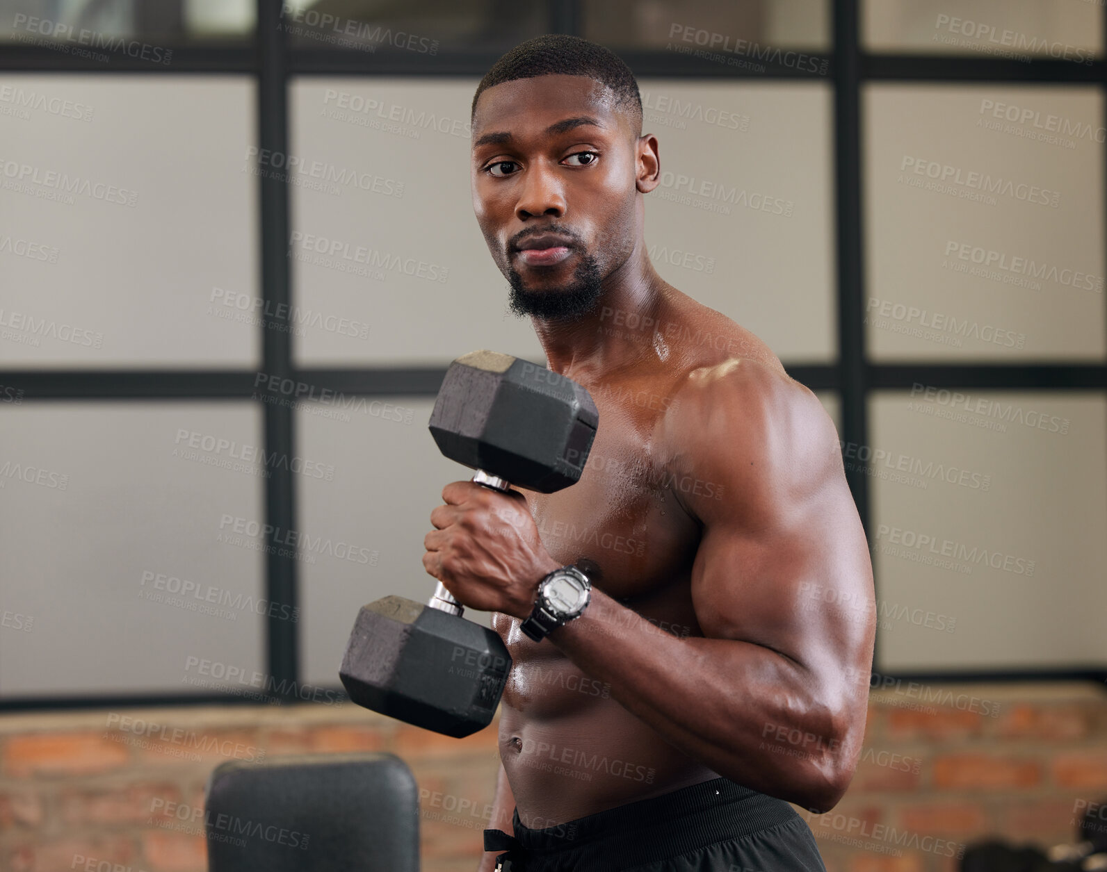 Buy stock photo Black man, weights training and gym fitness of a athlete doing power lifting for exercise. Sport workout, bodybuilding and African American male with strong arms, wellness and health exercising
