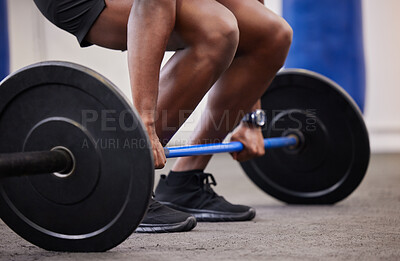 Buy stock photo Black man hands, barbell and weights training of a bodybuilder in a fitness gym. Exercise, workout and muscle of a African athlete doing sports, power deadlift and hard challenge in a health club