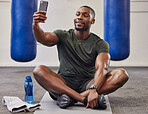 Selfie, happy black man and gym sports for training, exercise and workout on social media, video call and break. Bodybuilder, athlete and smartphone for picture, fitness influencer or content creator